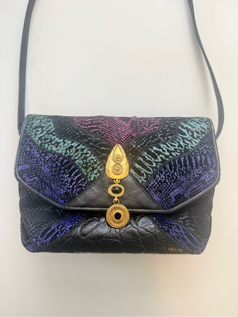 Vintage Sharif Patchwork Snakeskin Crossbody Bag Multicolor Black Leather